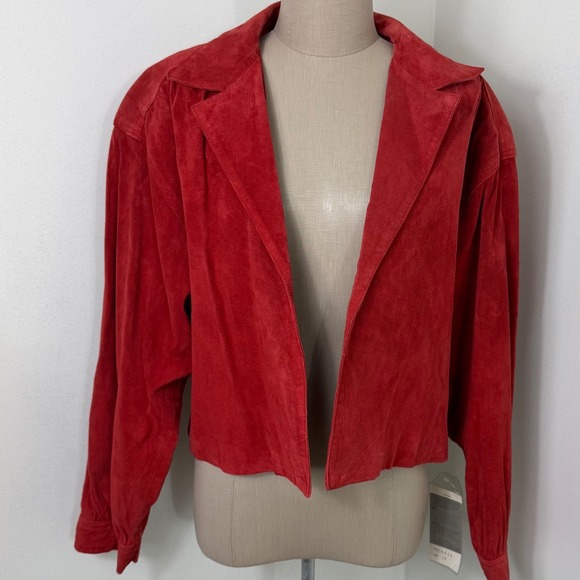 Vintage 80s Betty Hanson Red Suede Leather Cropped Blazer Jacket Size 14 NWT - Picture 1 of 11
